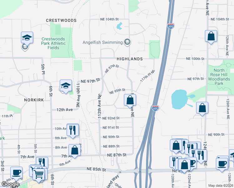 map of restaurants, bars, coffee shops, grocery stores, and more near 11217 Northeast 95th Street in Kirkland