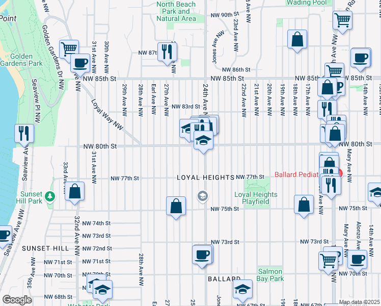 map of restaurants, bars, coffee shops, grocery stores, and more near 2511 Northwest 80th Street in Seattle