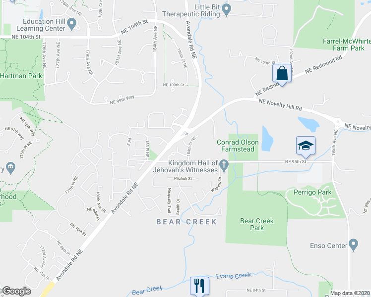 map of restaurants, bars, coffee shops, grocery stores, and more near 18397 Northeast 97th Court in Redmond