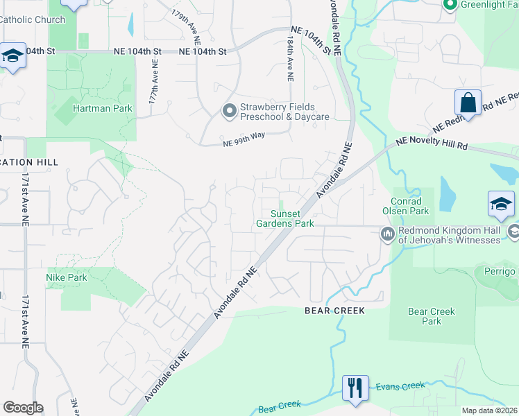 map of restaurants, bars, coffee shops, grocery stores, and more near 9609 182 Place Northeast in Redmond