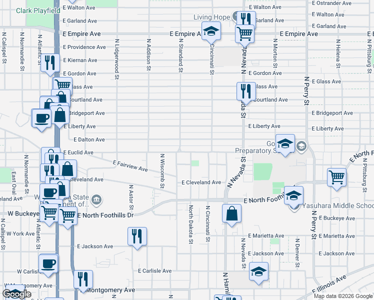 map of restaurants, bars, coffee shops, grocery stores, and more near 603 East Euclid Avenue in Spokane