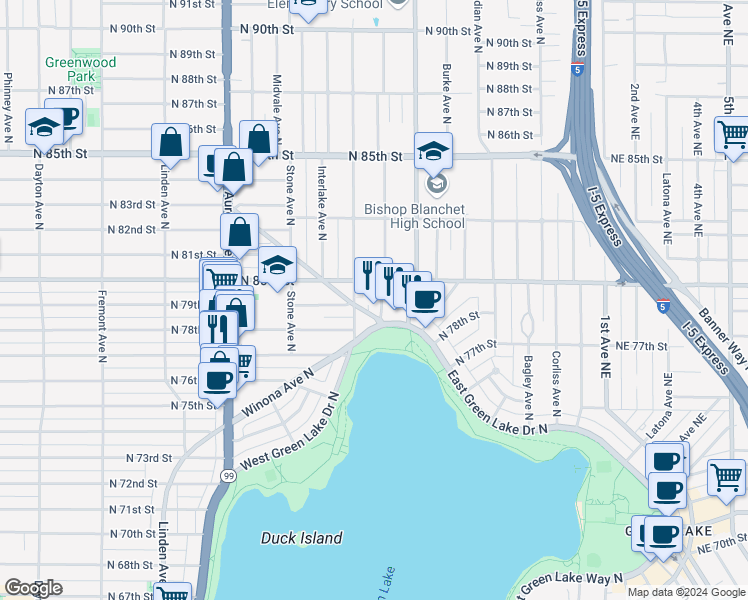 map of restaurants, bars, coffee shops, grocery stores, and more near in Seattle