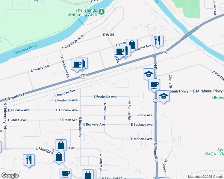 map of restaurants, bars, coffee shops, grocery stores, and more near 11822 East Railroad Court in Spokane Valley