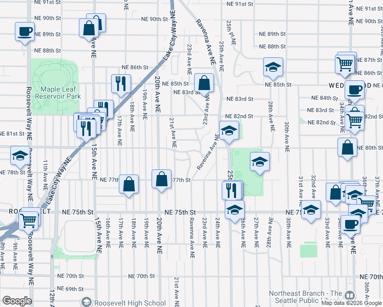 map of restaurants, bars, coffee shops, grocery stores, and more near 2207 Northeast 80th Street in Seattle