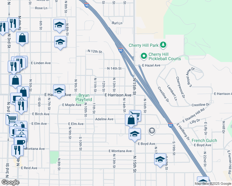 map of restaurants, bars, coffee shops, grocery stores, and more near 1301 East Harrison Avenue in Coeur d'Alene