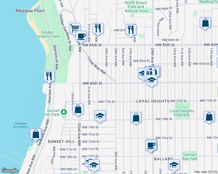 map of restaurants, bars, coffee shops, grocery stores, and more near 7748 29th Avenue Northwest in Seattle