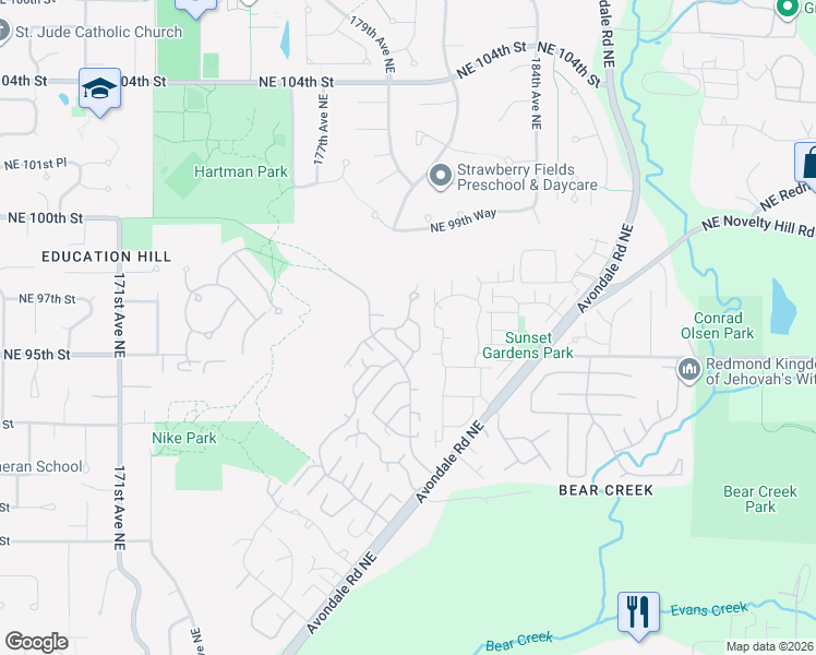 map of restaurants, bars, coffee shops, grocery stores, and more near 17712 Northeast 96th Way in Redmond
