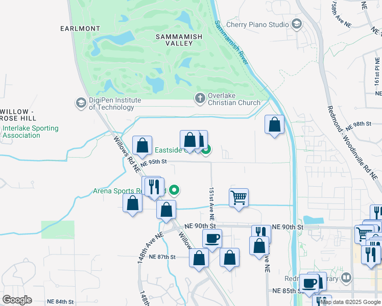 map of restaurants, bars, coffee shops, grocery stores, and more near 15020 Northeast 95th Street in Redmond