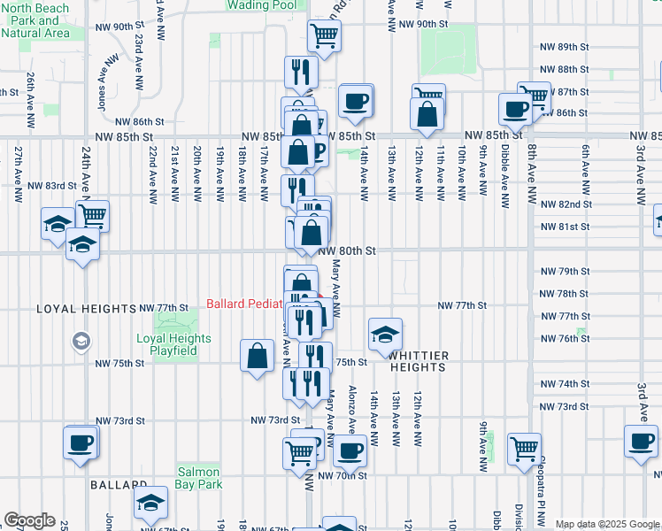 map of restaurants, bars, coffee shops, grocery stores, and more near 7745 Mary Avenue Northwest in Seattle