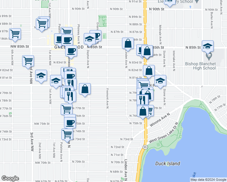 map of restaurants, bars, coffee shops, grocery stores, and more near 718 North 79th Street in Seattle
