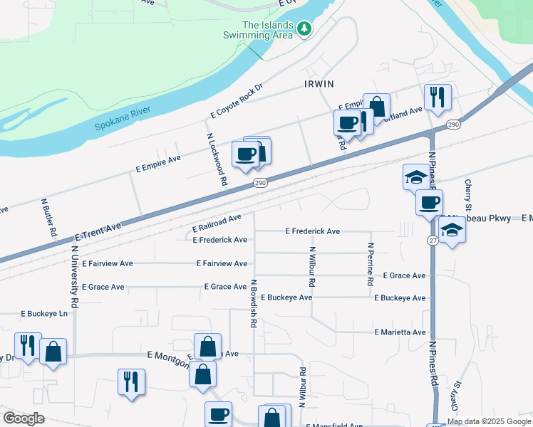 map of restaurants, bars, coffee shops, grocery stores, and more near 3215 North Bates Court in Spokane Valley