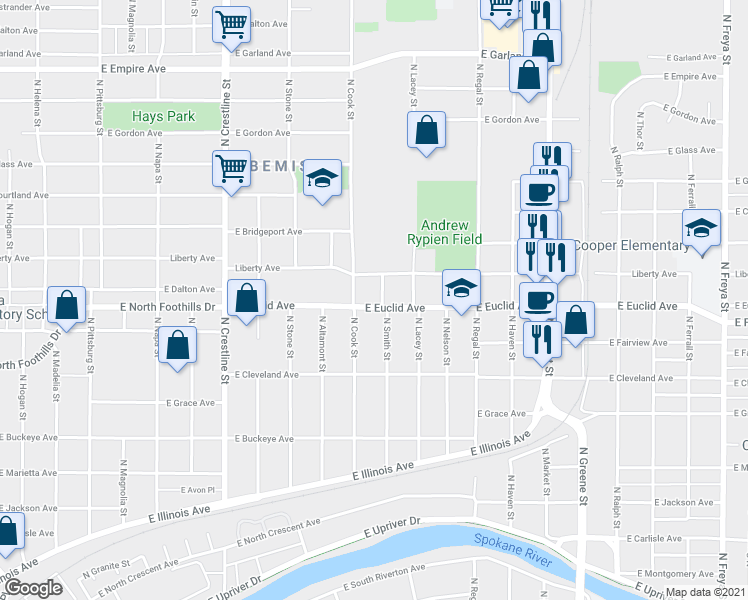map of restaurants, bars, coffee shops, grocery stores, and more near 3208 North Smith Street in Spokane