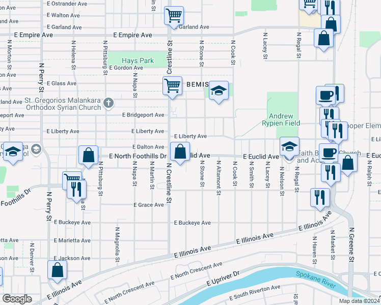 map of restaurants, bars, coffee shops, grocery stores, and more near 2309 East Euclid Avenue in Spokane