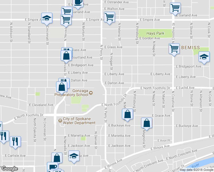 map of restaurants, bars, coffee shops, grocery stores, and more near 1428 East Dalton Avenue in Spokane