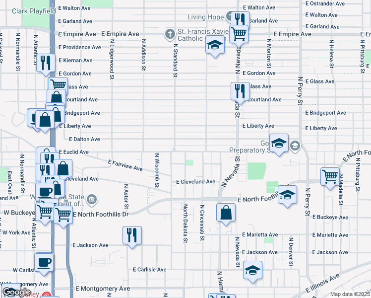 map of restaurants, bars, coffee shops, grocery stores, and more near 707 East Euclid Avenue in Spokane
