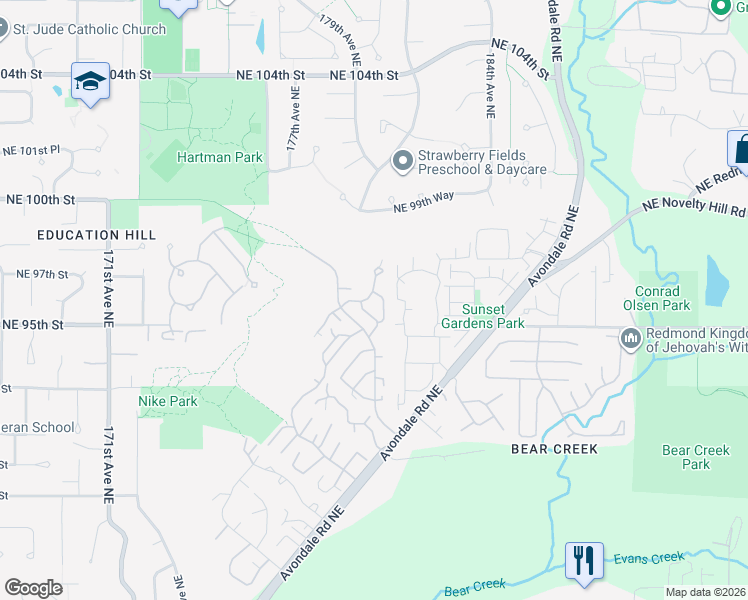 map of restaurants, bars, coffee shops, grocery stores, and more near 17712 Northeast 96th Way in Redmond