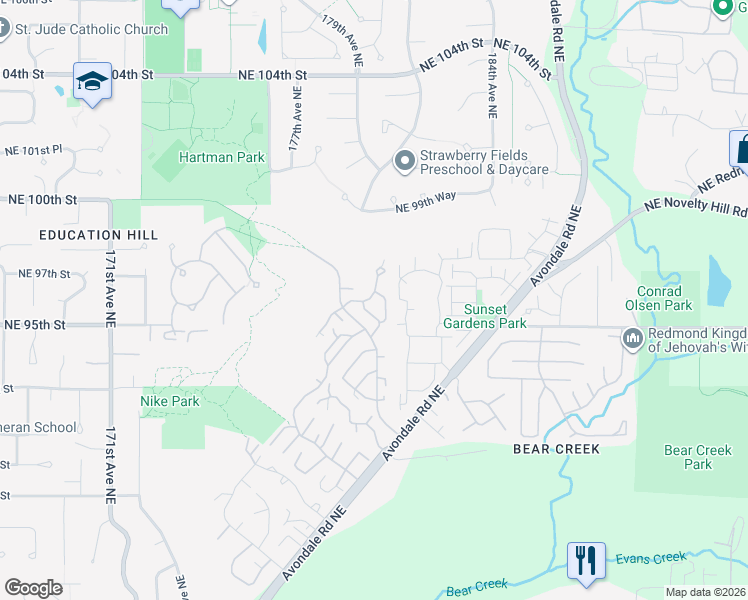 map of restaurants, bars, coffee shops, grocery stores, and more near 17712 Northeast 96th Way in Redmond