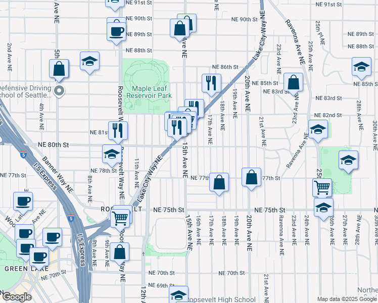map of restaurants, bars, coffee shops, grocery stores, and more near 1515 Northeast 80th Street in Seattle