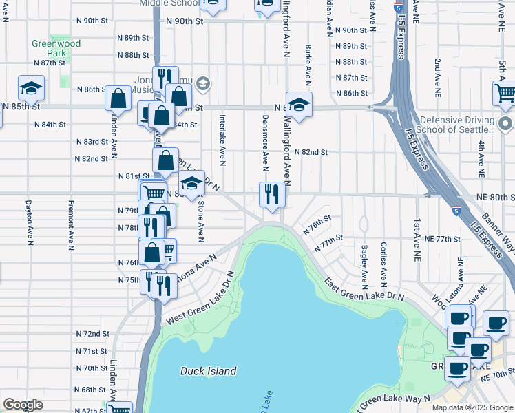 map of restaurants, bars, coffee shops, grocery stores, and more near 7908 Ashworth Avenue North in Seattle