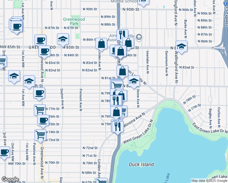 map of restaurants, bars, coffee shops, grocery stores, and more near 7903 Aurora Avenue North in Seattle