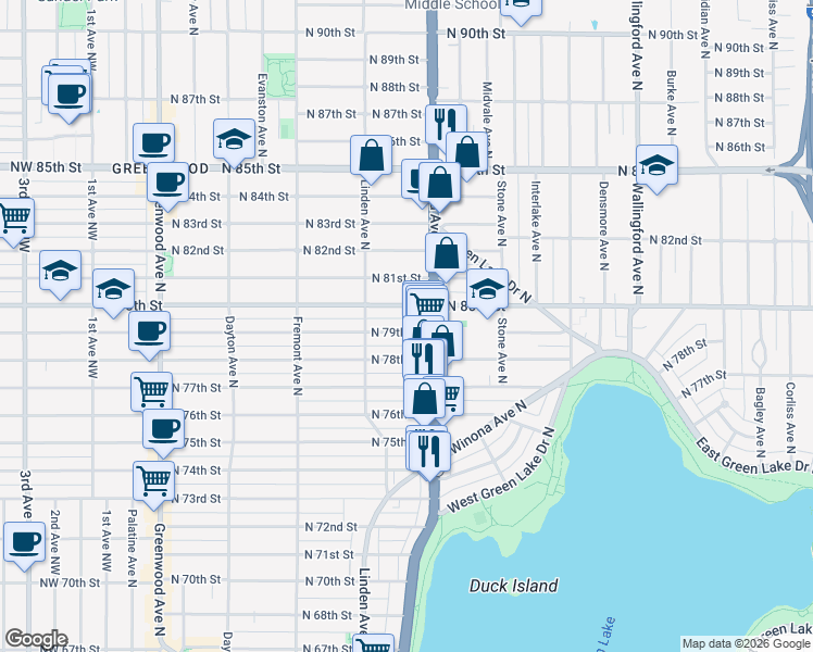 map of restaurants, bars, coffee shops, grocery stores, and more near 926 North 79th Street in Seattle