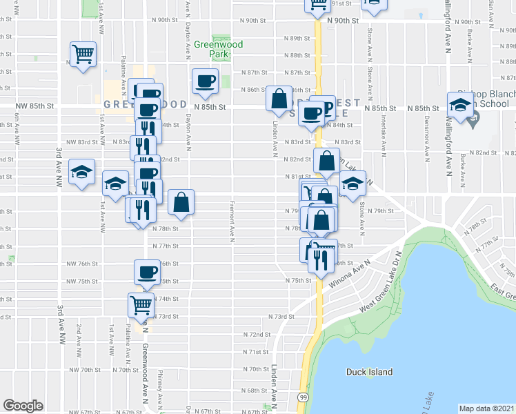 map of restaurants, bars, coffee shops, grocery stores, and more near 718 North 79th Street in Seattle
