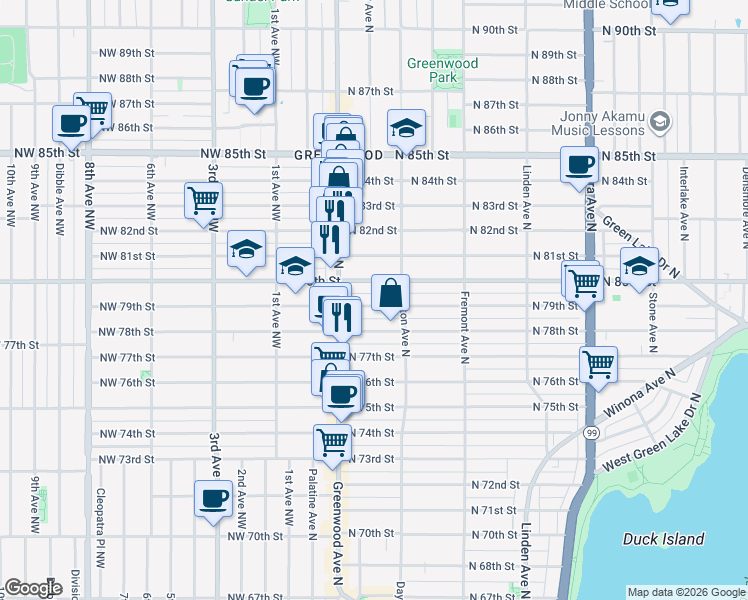 map of restaurants, bars, coffee shops, grocery stores, and more near 342 North 79th Street in Seattle