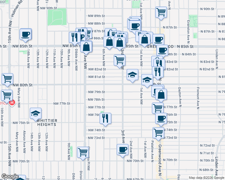 map of restaurants, bars, coffee shops, grocery stores, and more near 342 Northwest 79th Street in Seattle
