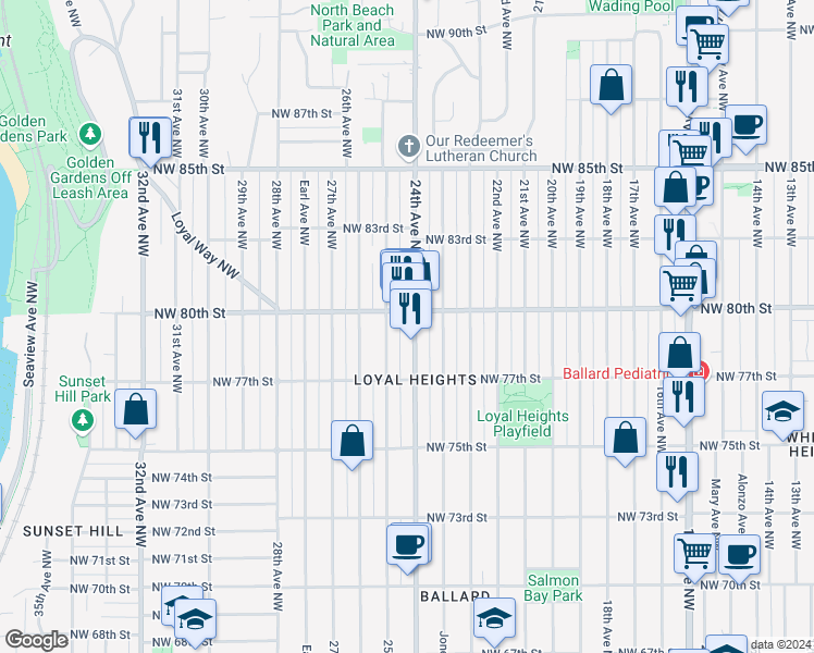 map of restaurants, bars, coffee shops, grocery stores, and more near 2401 Northwest 80th Street in Seattle