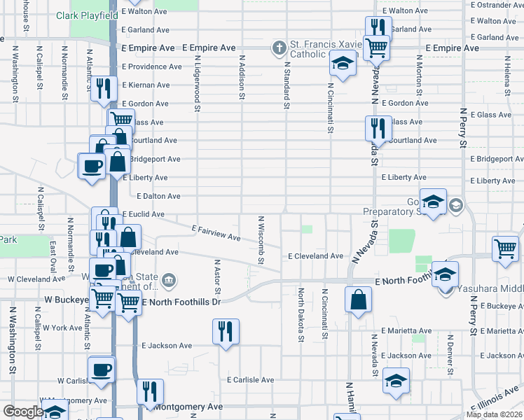 map of restaurants, bars, coffee shops, grocery stores, and more near 527 East Euclid Avenue in Spokane