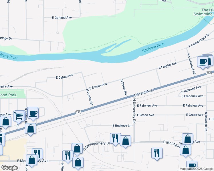 map of restaurants, bars, coffee shops, grocery stores, and more near 10404 East Empire Avenue in Spokane