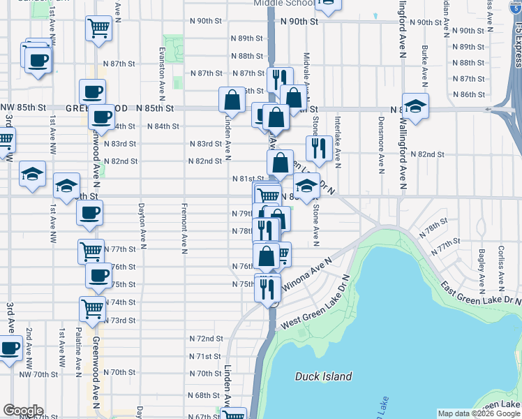 map of restaurants, bars, coffee shops, grocery stores, and more near 7903 Aurora Avenue North in Seattle