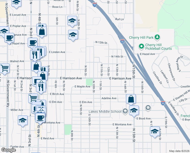 map of restaurants, bars, coffee shops, grocery stores, and more near 917 East Harrison Avenue in Coeur d'Alene