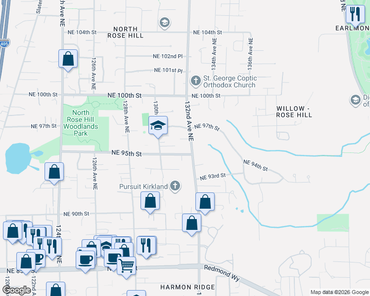 map of restaurants, bars, coffee shops, grocery stores, and more near 9513 132nd Avenue Northeast in Kirkland