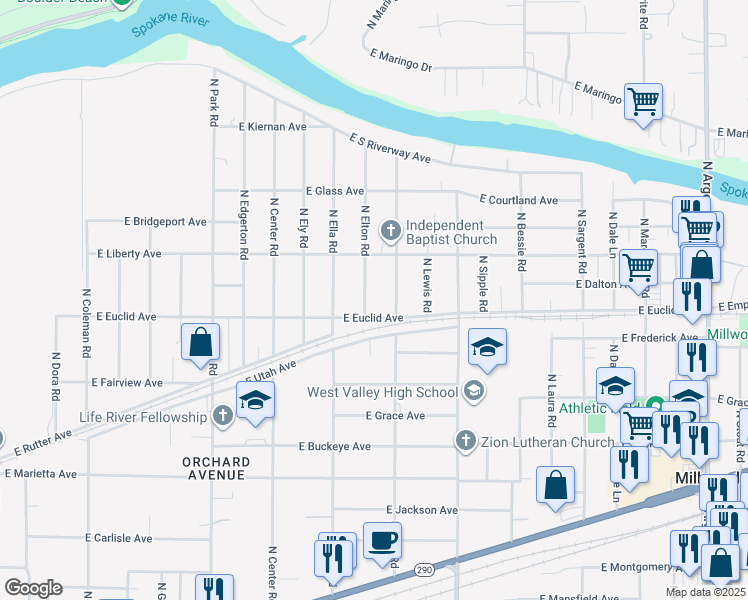 map of restaurants, bars, coffee shops, grocery stores, and more near 3218 North Elton Road in Spokane Valley