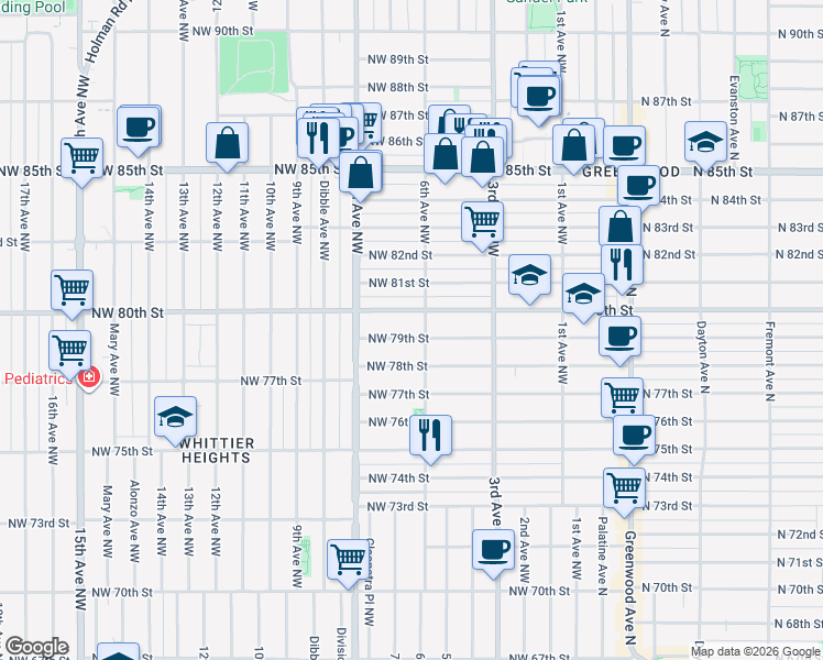 map of restaurants, bars, coffee shops, grocery stores, and more near 610 Northwest 79th Street in Seattle