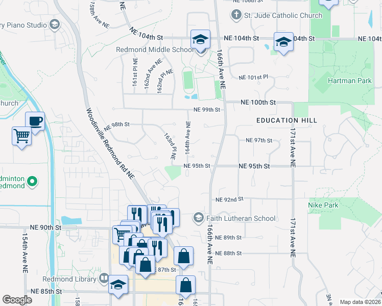 map of restaurants, bars, coffee shops, grocery stores, and more near 16406 Northeast 96th Place in Redmond