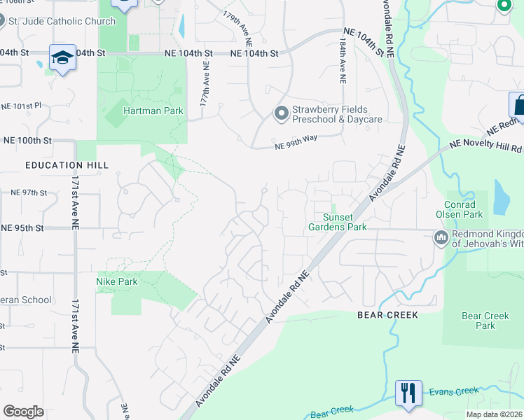 map of restaurants, bars, coffee shops, grocery stores, and more near 9626 179th Place Northeast in Redmond