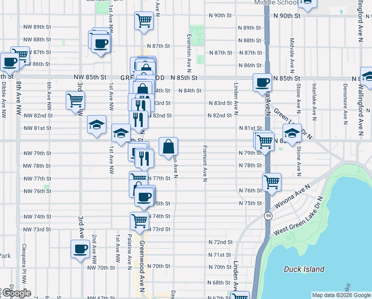 map of restaurants, bars, coffee shops, grocery stores, and more near 508 North 79th Street in Seattle
