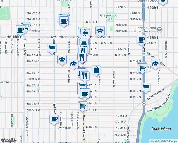 map of restaurants, bars, coffee shops, grocery stores, and more near 7900 Greenwood Avenue North in Seattle