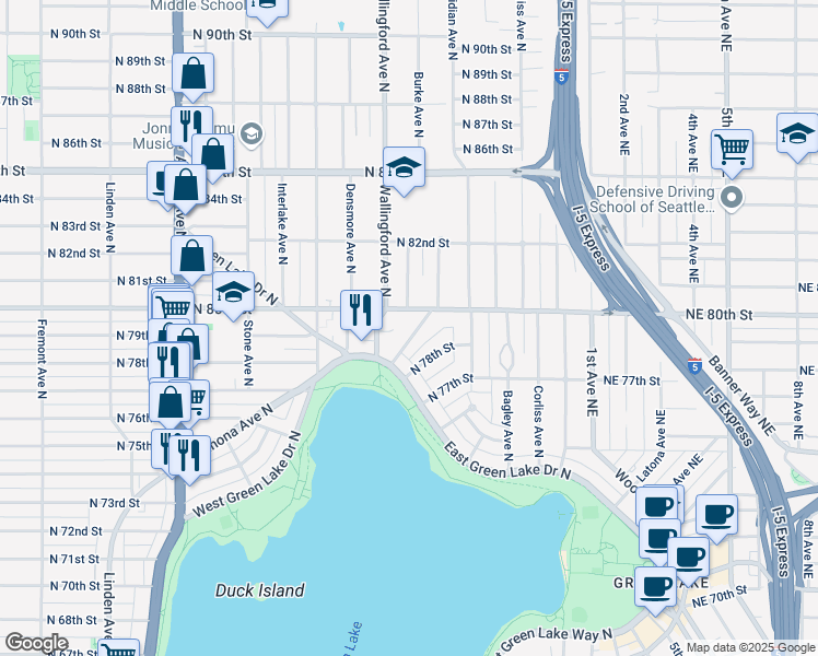 map of restaurants, bars, coffee shops, grocery stores, and more near 7837 Stroud Avenue North in Seattle