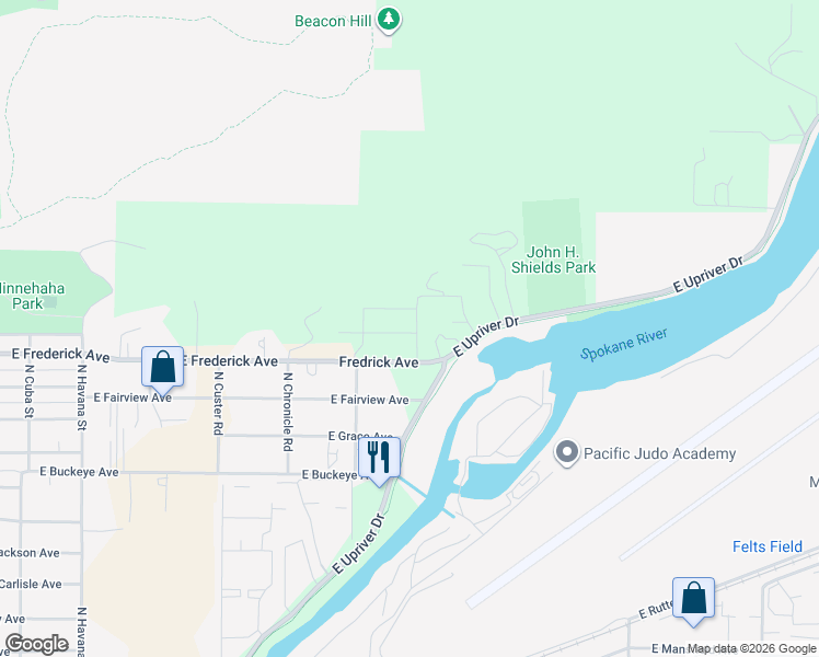 map of restaurants, bars, coffee shops, grocery stores, and more near 5101-5215 East Frederick Avenue in Spokane