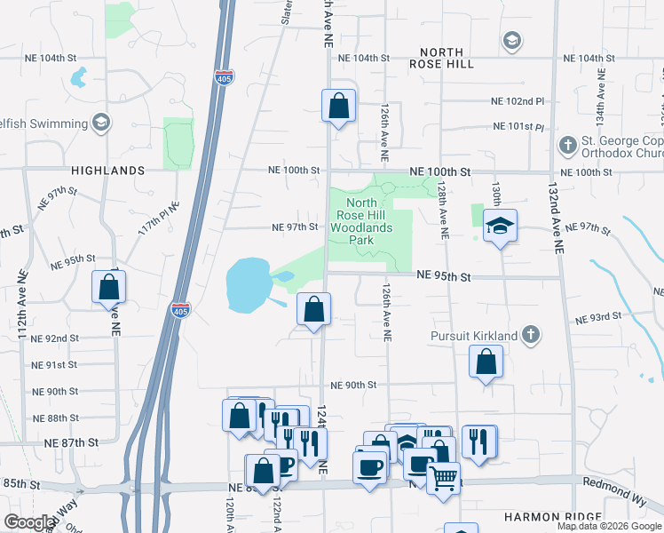 map of restaurants, bars, coffee shops, grocery stores, and more near 12404 Northeast 95th Street in Kirkland