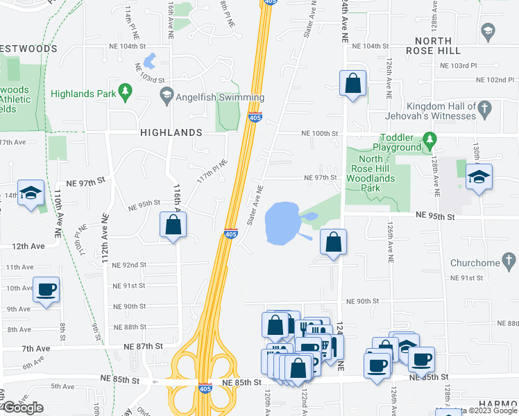 map of restaurants, bars, coffee shops, grocery stores, and more near 9520 Slater Avenue Northeast in Kirkland