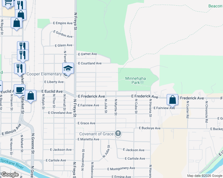 map of restaurants, bars, coffee shops, grocery stores, and more near 3917 East Euclid Avenue in Spokane