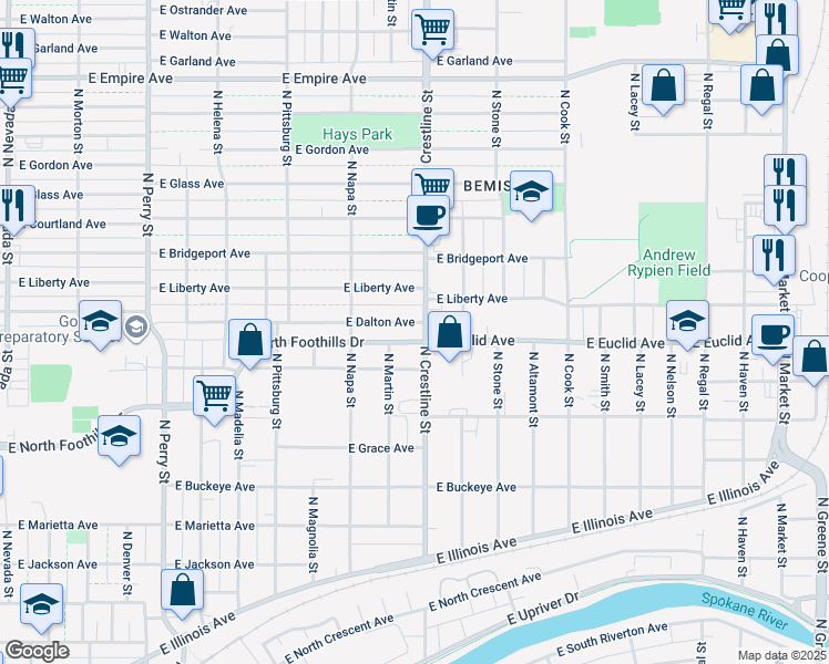 map of restaurants, bars, coffee shops, grocery stores, and more near 2068 East Dalton Avenue in Spokane