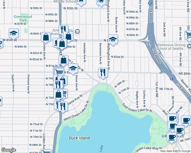 map of restaurants, bars, coffee shops, grocery stores, and more near 7908 Ashworth Avenue North in Seattle