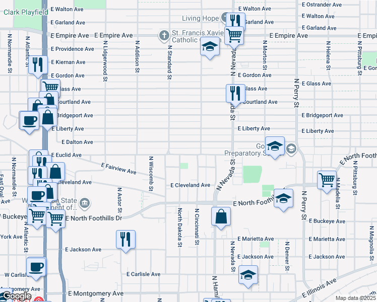 map of restaurants, bars, coffee shops, grocery stores, and more near 707 East Euclid Avenue in Spokane