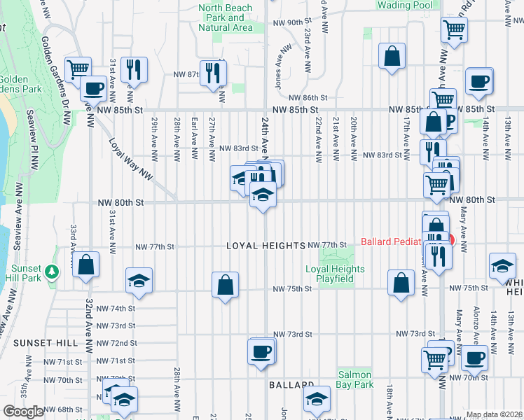 map of restaurants, bars, coffee shops, grocery stores, and more near 7751 24th Avenue Northwest in Seattle