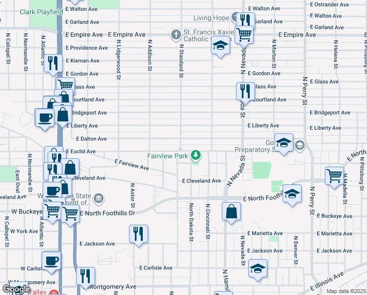 map of restaurants, bars, coffee shops, grocery stores, and more near 603 East Euclid Avenue in Spokane
